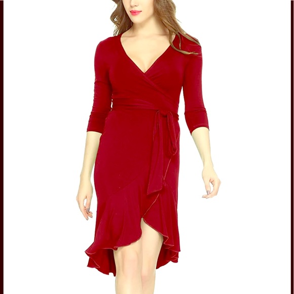 Maggie Tang Dresses & Skirts - Red Maggie Tang V-Neck 3/4 sleeve wrap midi dress
